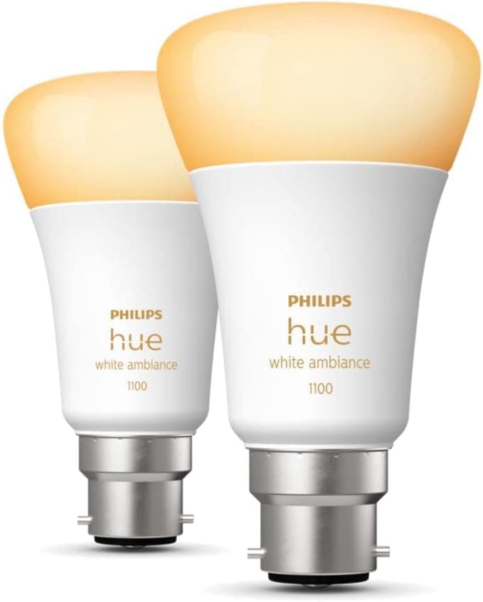 Philips Hue - Paquete de 2 bombillas LED inteligentes de color blanco [Bayonet Cap B22] - 1100 lúmenes (equivalente a 75 ... – Philips