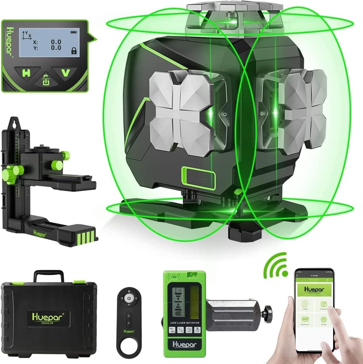 Huepar Nivel Láser Autonivelante de 16 Líneas Láser de Líneas Cruzadas 4x360° con Receptor - Pantalla LCD, Láser para Piso... – Huepar