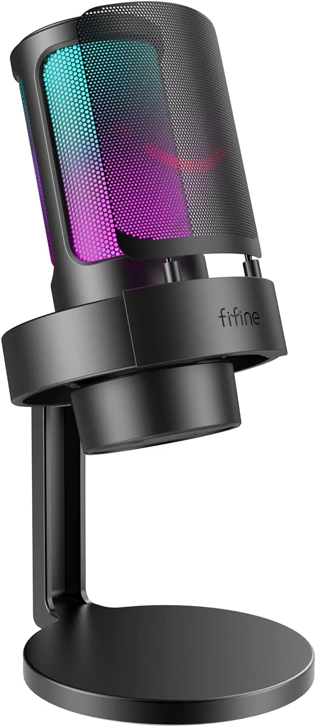 FIFINE USB Gaming Microfono para PC Mac PS4 PS5, RGB Condensador Micrófono per Streaming, Podcasts, con Control RGB, Mute Touch, Conector para Auriculares, Filtro Anti-Pop – FIFINE
