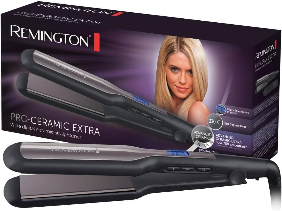 Remington Plancha de Pelo Ancha Pro Ceramic Extra, Cerámica Avanzada Ultra, Placas Flotantes, Temperatura hasta 230°C, Fun... – Remington