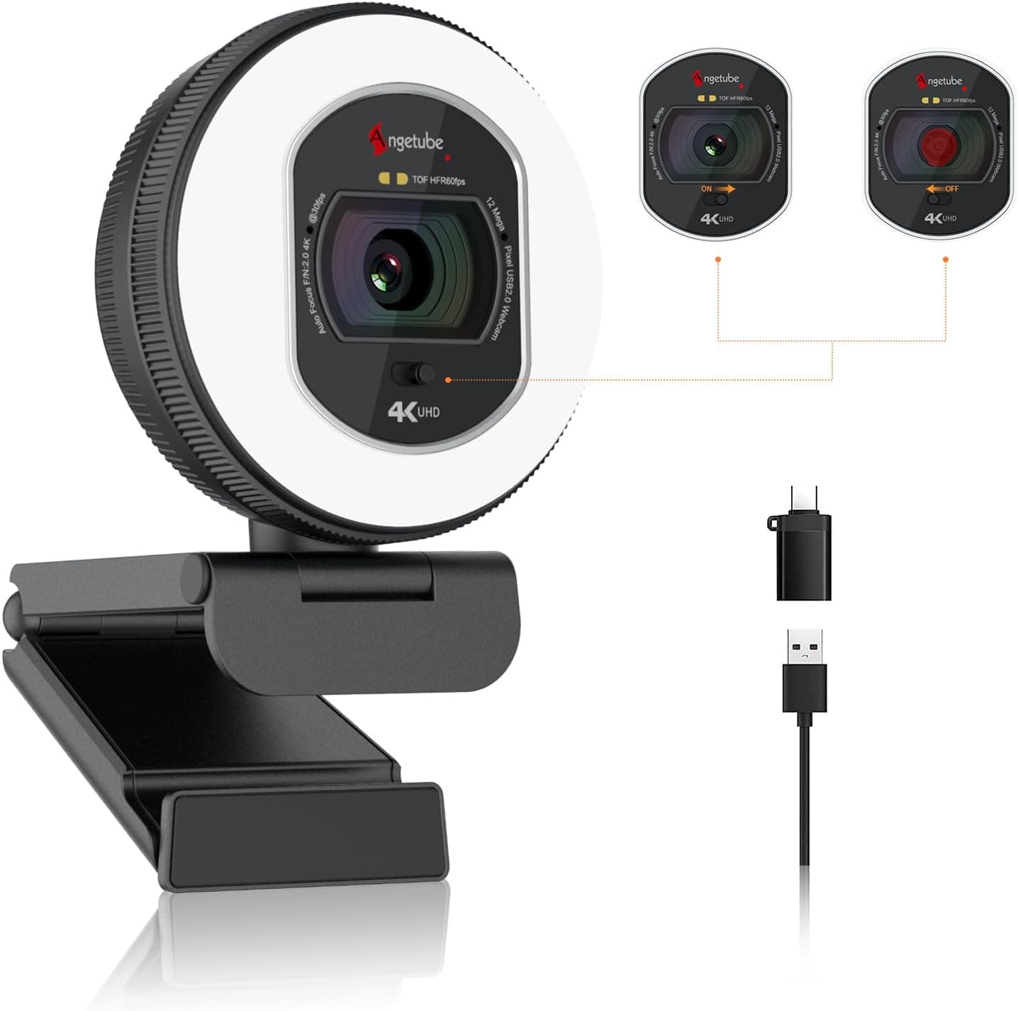 Angetube Cámara web 4K con luz para PC: UHD 4K, TOF enfoque automático, micrófono dual AI con cancelación de ruido, 1080p@60fps, webcam streaming USB w/cubierta de privacidad para portátiles y Mac – Angetube