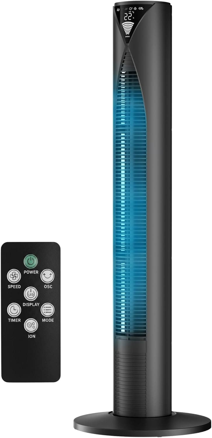 CoolHome Ventilador torre CF2205 con control remoto y función ionizador pantalla LED regulable 96 CM - Negro – 