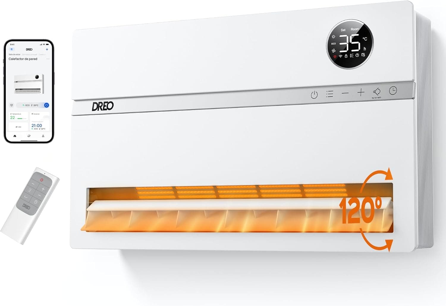 DREO Calefactor smart de pared, radiador eléctrico de bajo consumo 2000W, oscilación vertical de 120°, termostato, control... – 