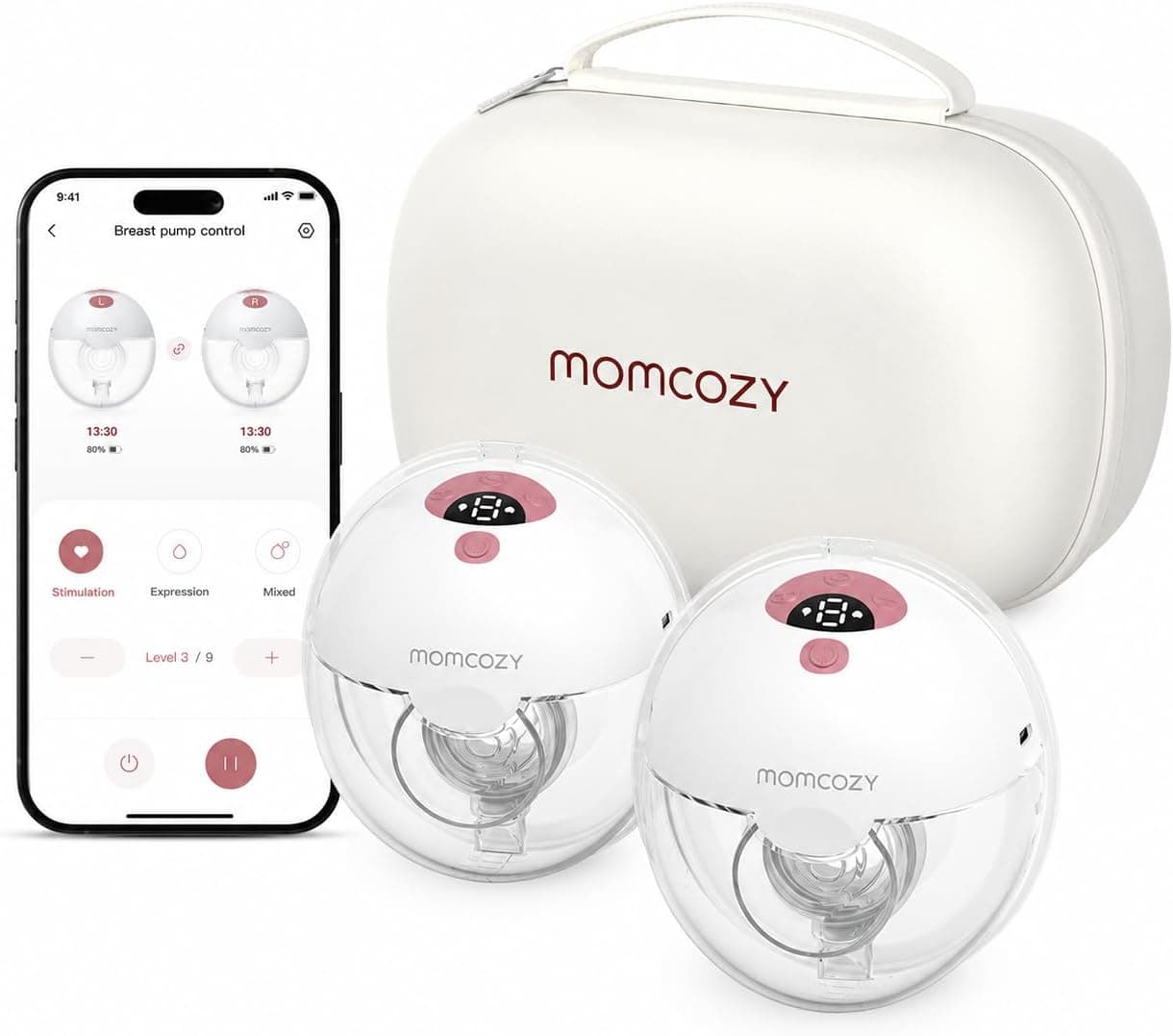 Momcozy Smart Sacaleches Eléctrico Portátil, Manos Libres con App, 3 Modos & 9 Niveles, Embudo Ajustable 17-24mm, Libre de BPA, Ultra Ligero y Discreto – Momcozy