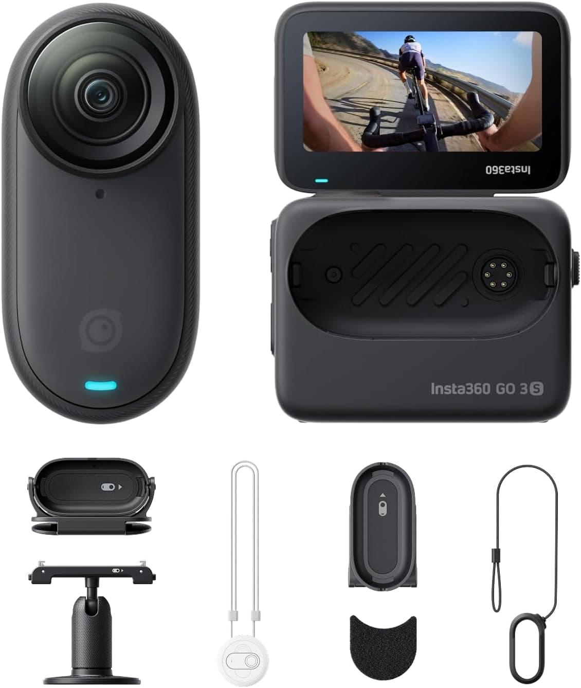 Cámara de acción Insta360 GO 3S Paquete POV para Ciclismo Negro (128 GB) POV Manos Libres, Móntala Donde Quieras – Insta360