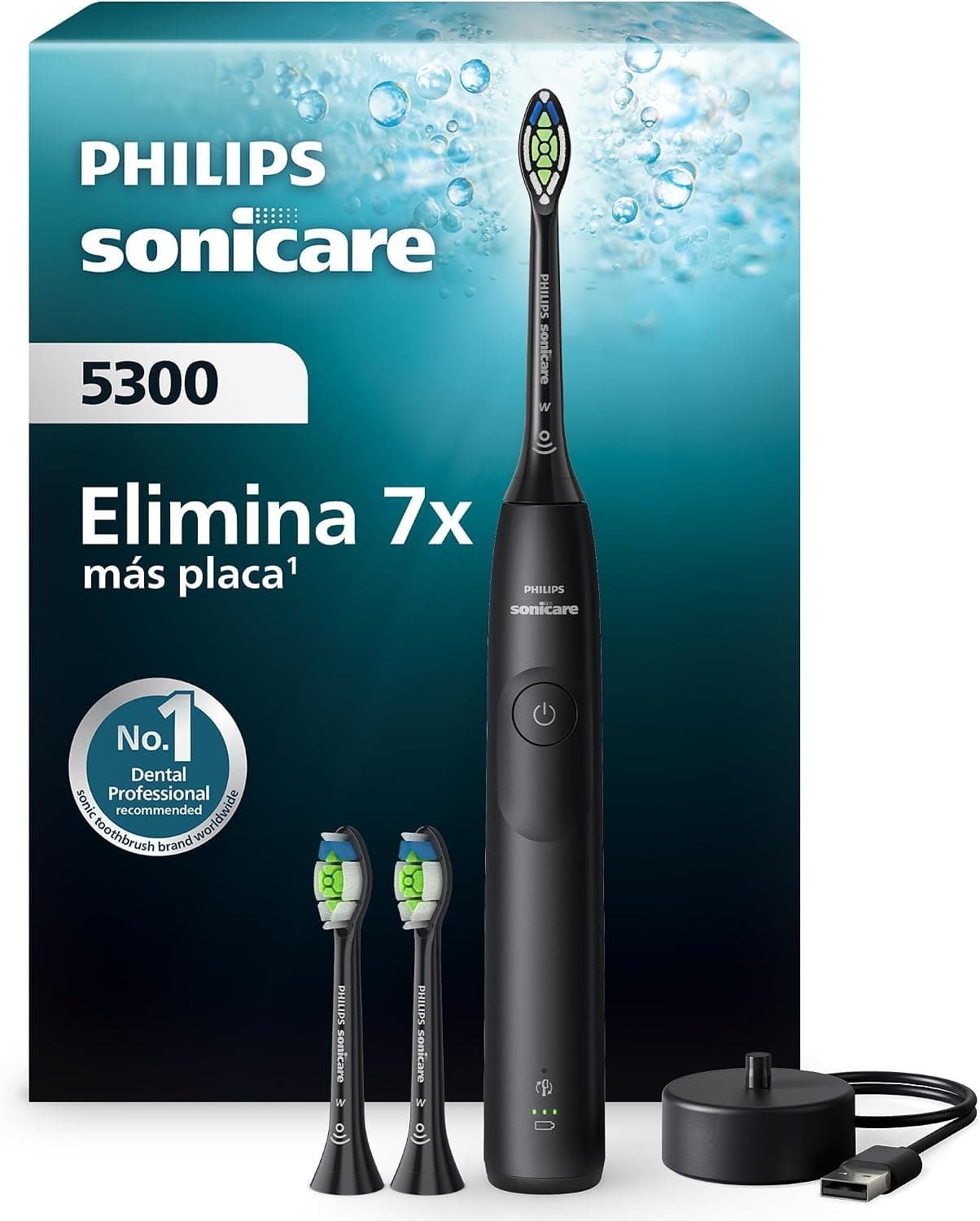 Philips Sonicare 5300 cepillo dental eléctrico, sónico con 2 niveles de intensidad, alerta de presión, EasyStart, SmarTimer y BrushPacer, negro, modelo HX7101/04 [Nueva Tecnología] – Philips