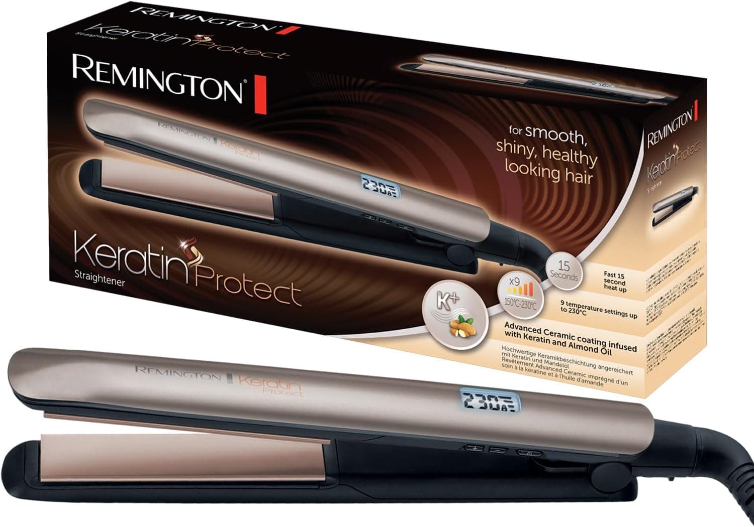 Remington Plancha de Pelo Keratin Protect, Queratina y Aceite Almendras, Placas Flotantes Extralargas, Resultados Profesionales, Cerámica, 9 Temperaturas hasta 230°C, Digital, Color Marrón, S8540 – Remington