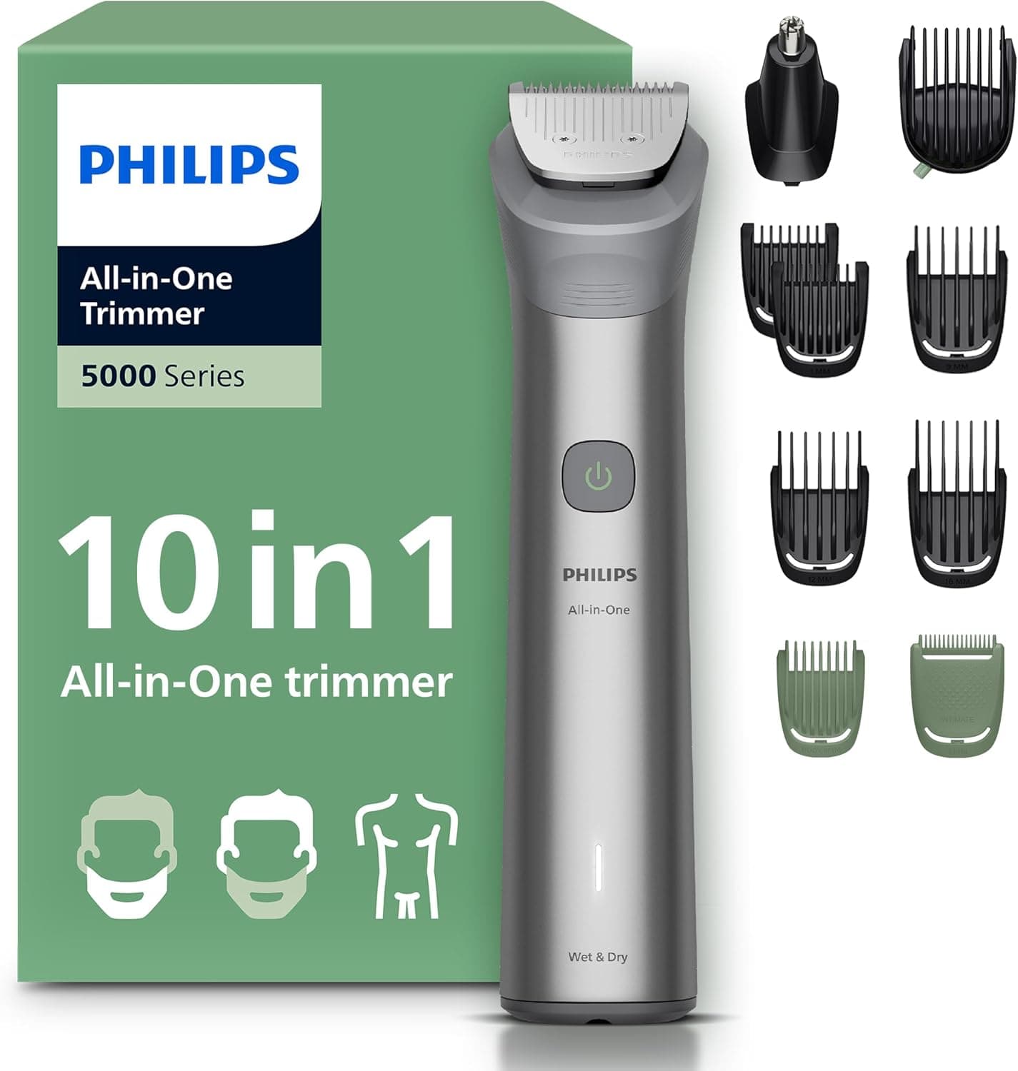 Philips Recortadora todo en uno de 10 en 1 Serie 5000 - Afeitadora y cortapelos hombre para rostro, cabeza y cuerpo, cuchi... – Philips