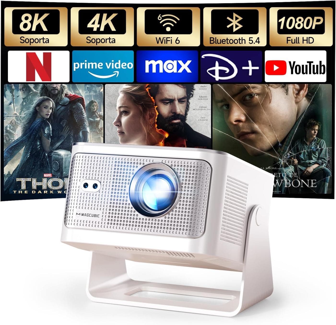 [App Integrada] Mini Proyector 4K & 8K Soporte 1080P Nativo, Proyector Portátil con WiFi 6 Bluetooth 5.4, 600ANSI, Enfoque... – App