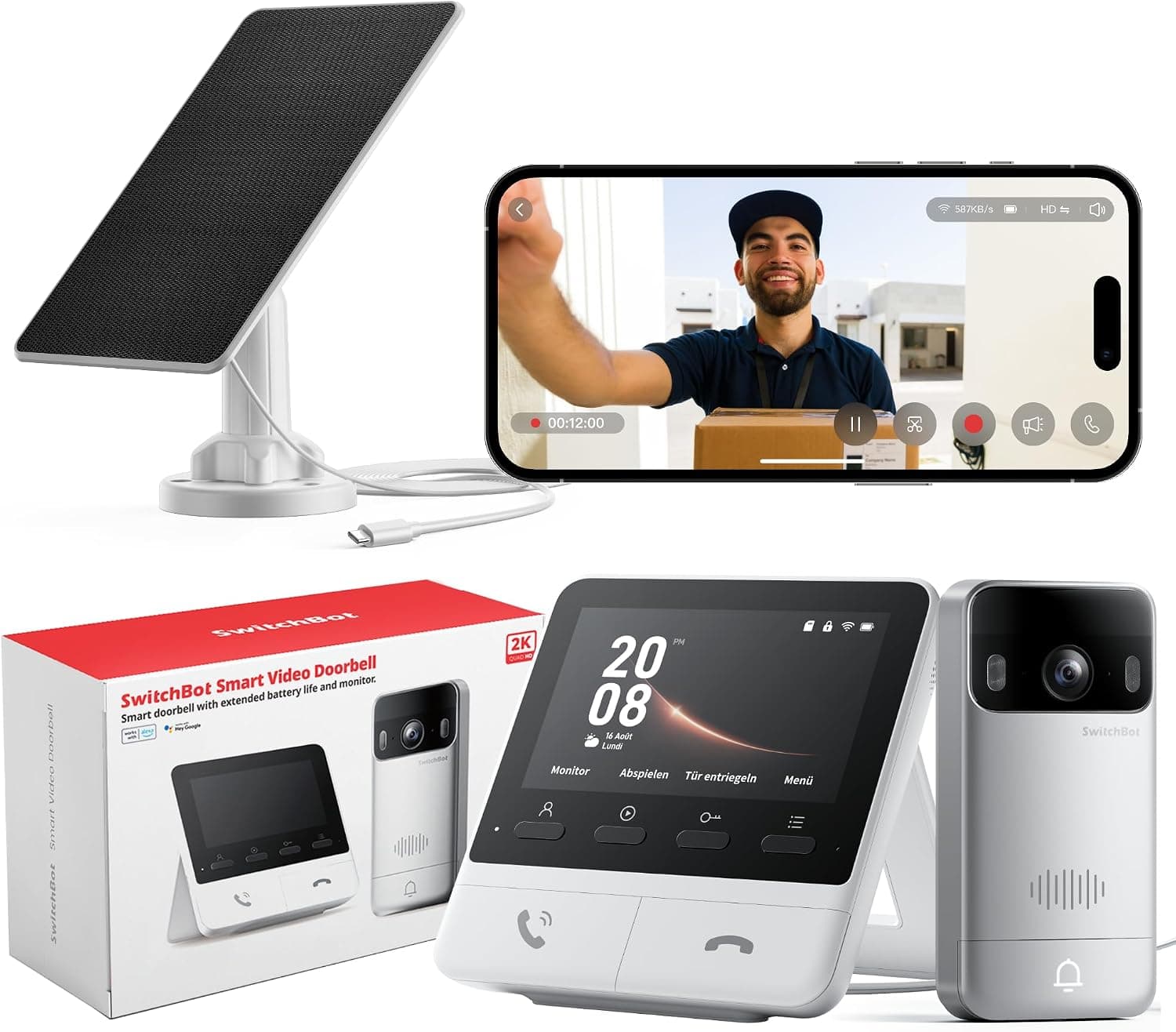SwitchBot Timbre de vídeo con panel solar, timbre de puerta 2K con cámara, cámara inteligente con pantalla a color de 4,3", gran angular de 165°, juego 2 en 1 – SwitchBot