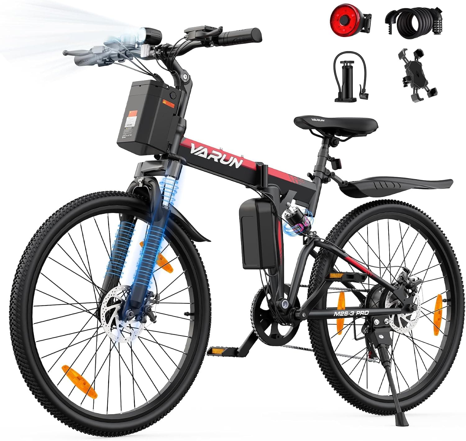 VARUN Bicicleta Electrica Plegable, 26'' Bici Electrica Montaña con 48V 374.4Wh Batería Extraíble, Suspensión Total E Bik... – VARUN