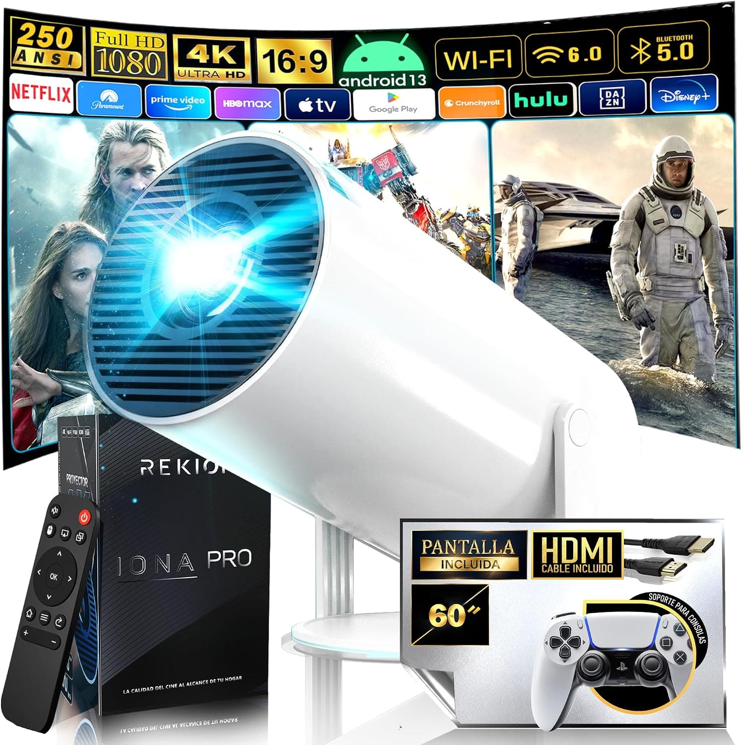 REKION® [Apps INTEGRADAS] Super Pack Mundial Proyector Portatil HY.300 4K + Pantalla 60 Pulgadas | HDMI Incluido + 1080P F... – REKION