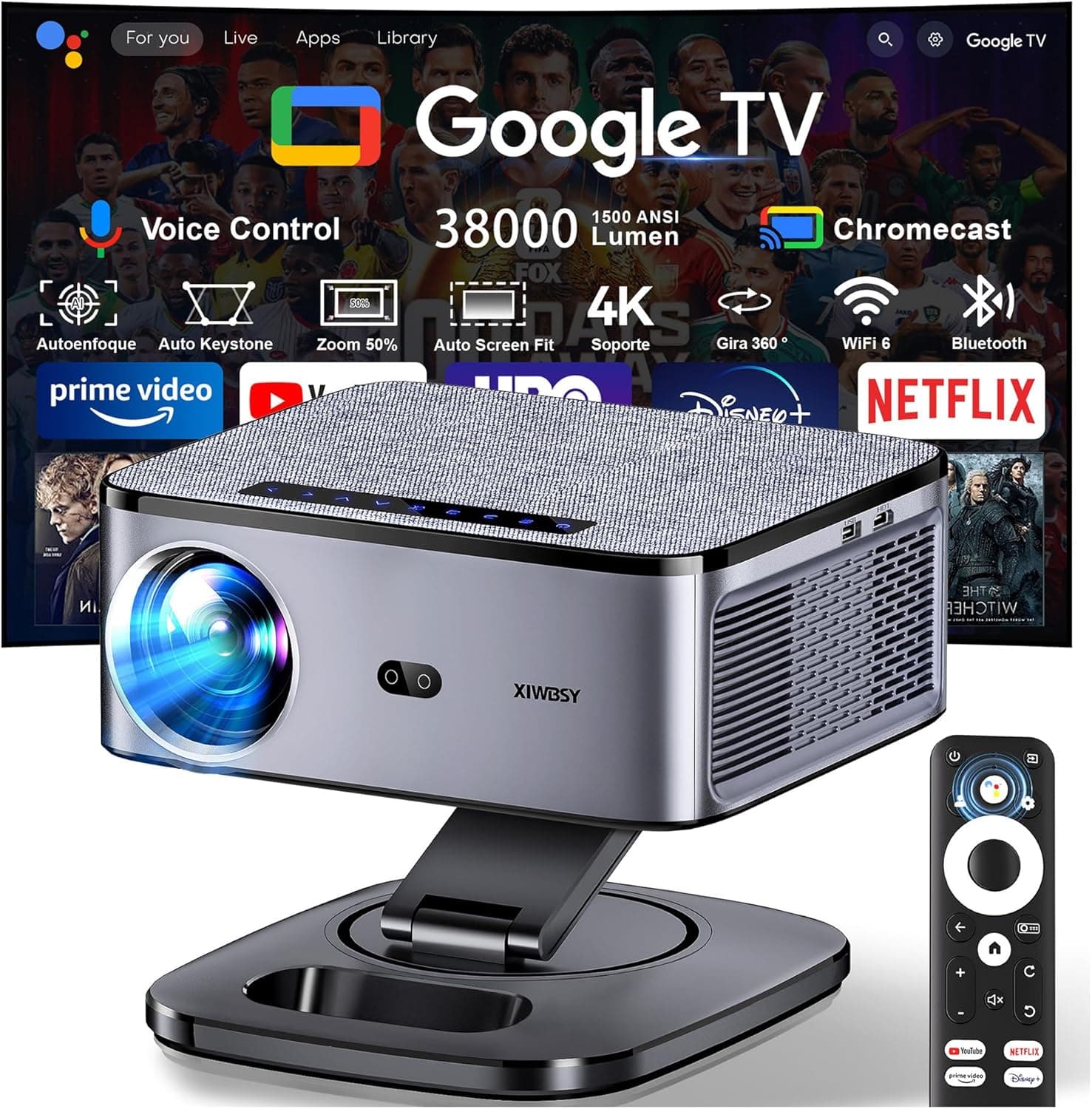 Proyector 4K 【FIFA World Cup/1500 ANSI/Google TV】 XIWBSY Proyector Bluetooth Portatil 38000 Lúmenes, Gira 360 °, Official Apps, Control por Voz, 1080P FHD, Proyectores Video Cine En Casa/Exterior – Proyector