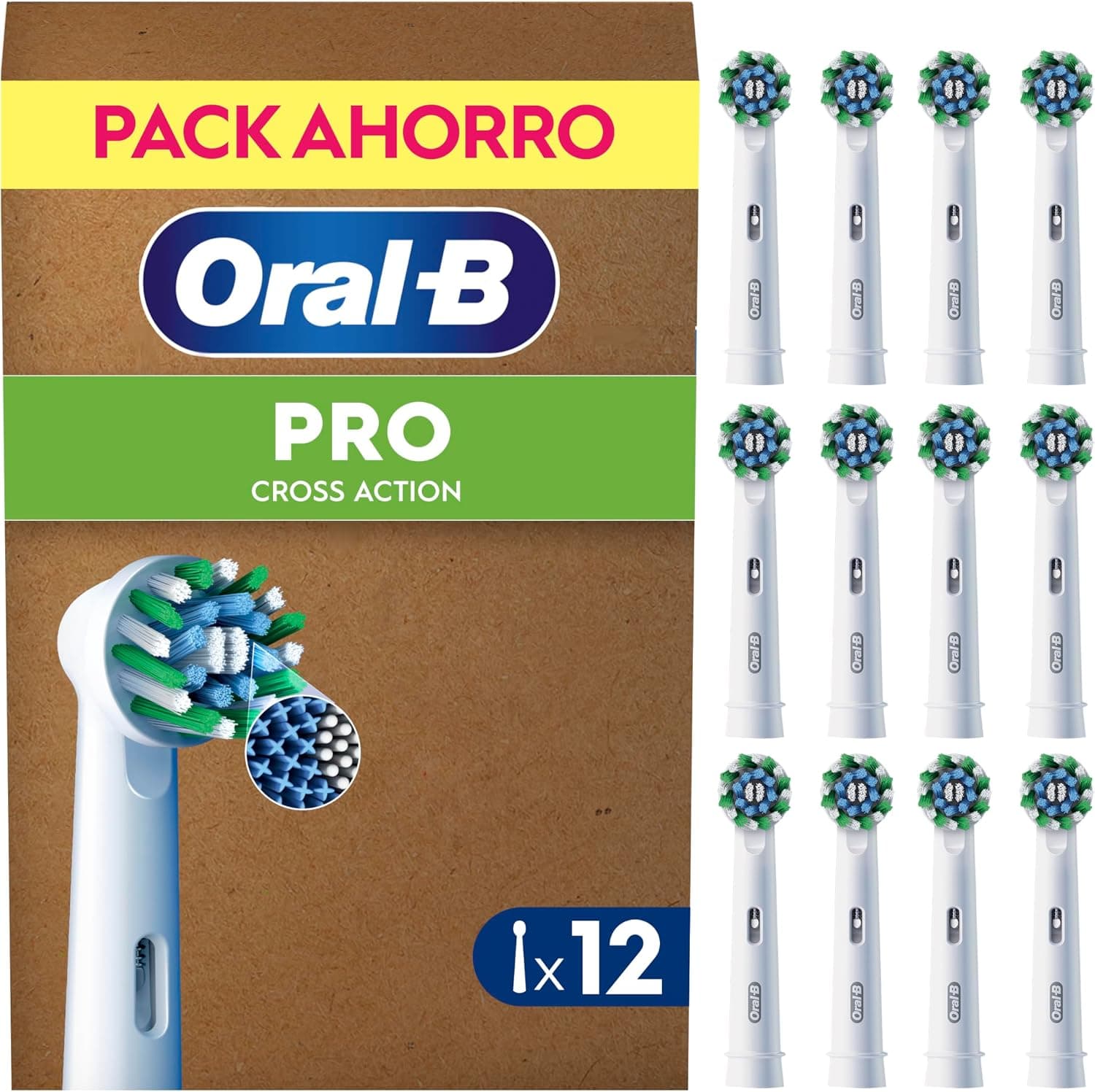 Oral-B Pro CrossAction Cabezales de Recambio Originales, Blanco, Pack de 12 - Recambios para Cepillo de Dientes Eléctrico Oral B Pro, con Indicador de Uso, Eliminación de La Placa Bacteriana – Oral-B
