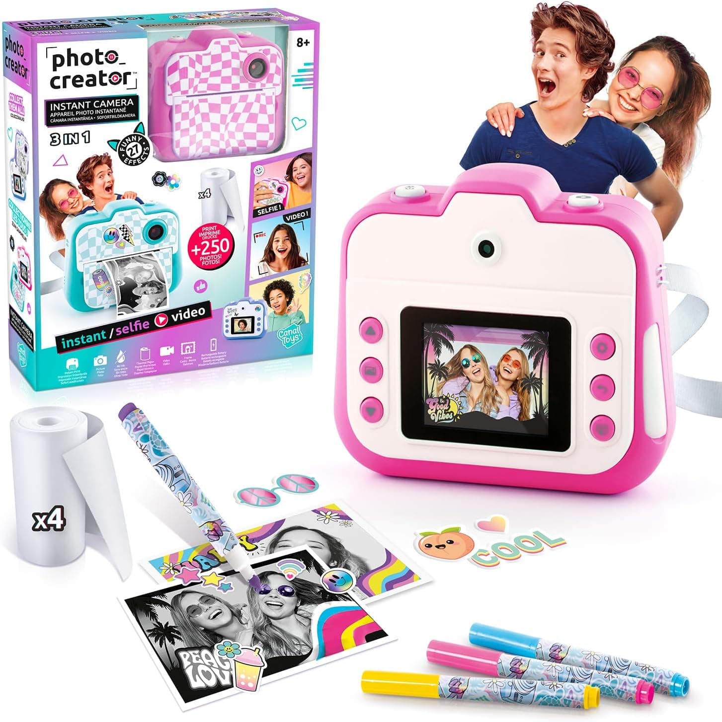 Canal Toys - Photo Creator - Cámara instantánea, Color Rosa con Pantalla a Color, Rollos de Papel, Pegatinas, rotuladores ... – Canal
