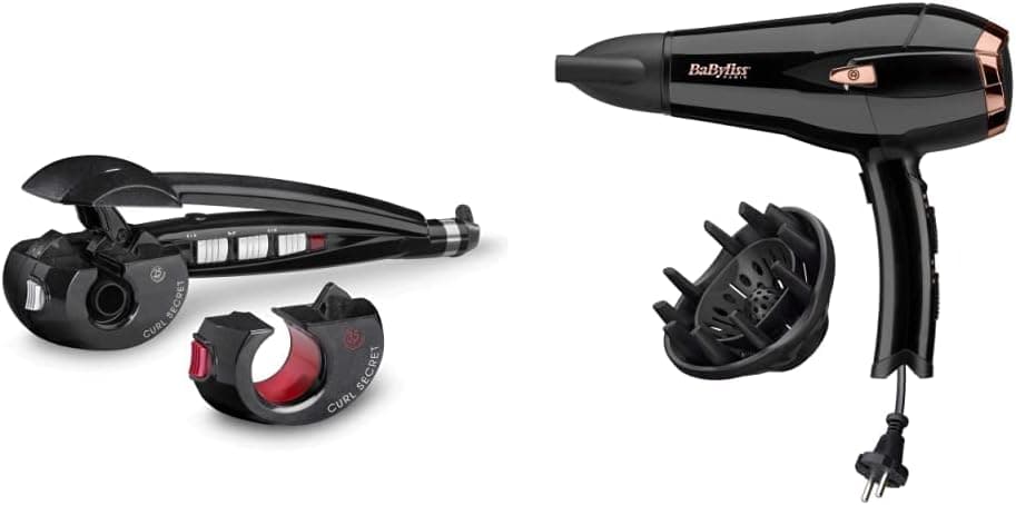 BaByliss C1300E Rizador de pelo automático con 2 cabezales, 100% automático,color negro & D373E Secador de pelo retráctil,... – BaByliss
