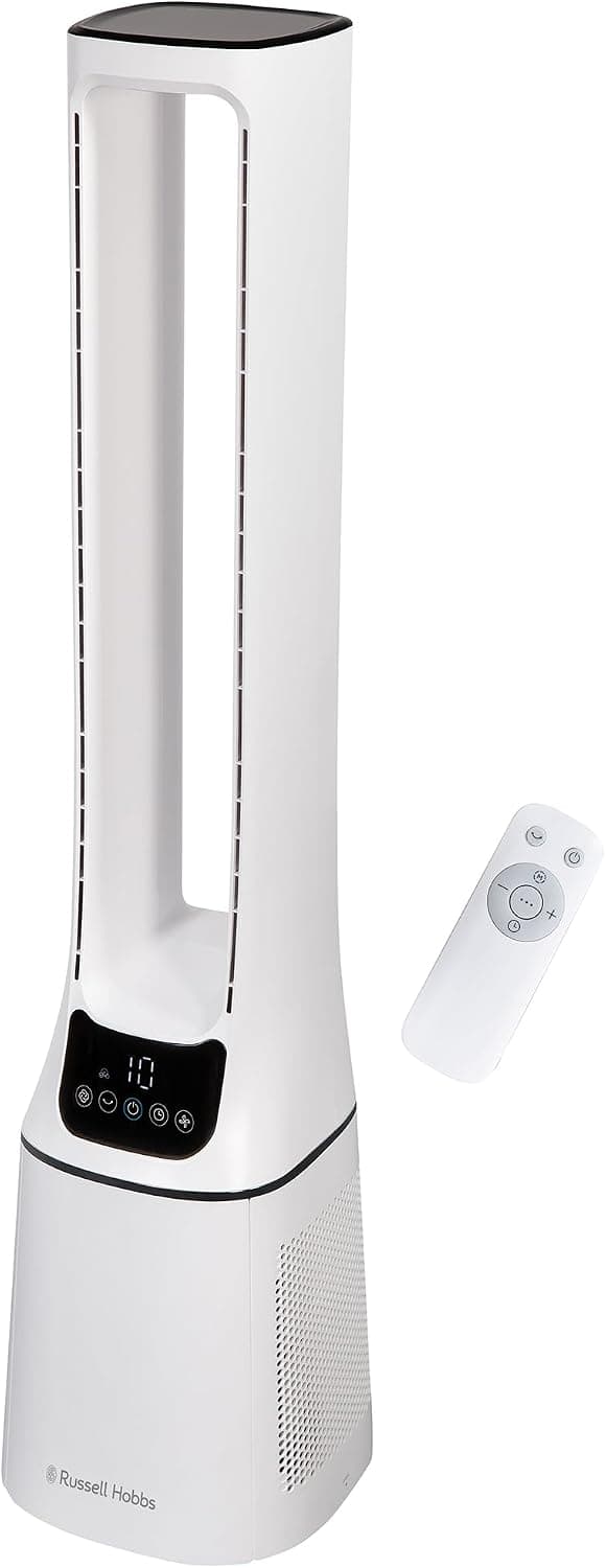 Russell Hobbs Ventilador de torre silencioso sin aspas con control remoto, 107 cm de alto, 10 ajustes de velocidad, temporizador ajustable de 12 horas, función oscilante, 22 W, blanco, RHBLDL12 –
