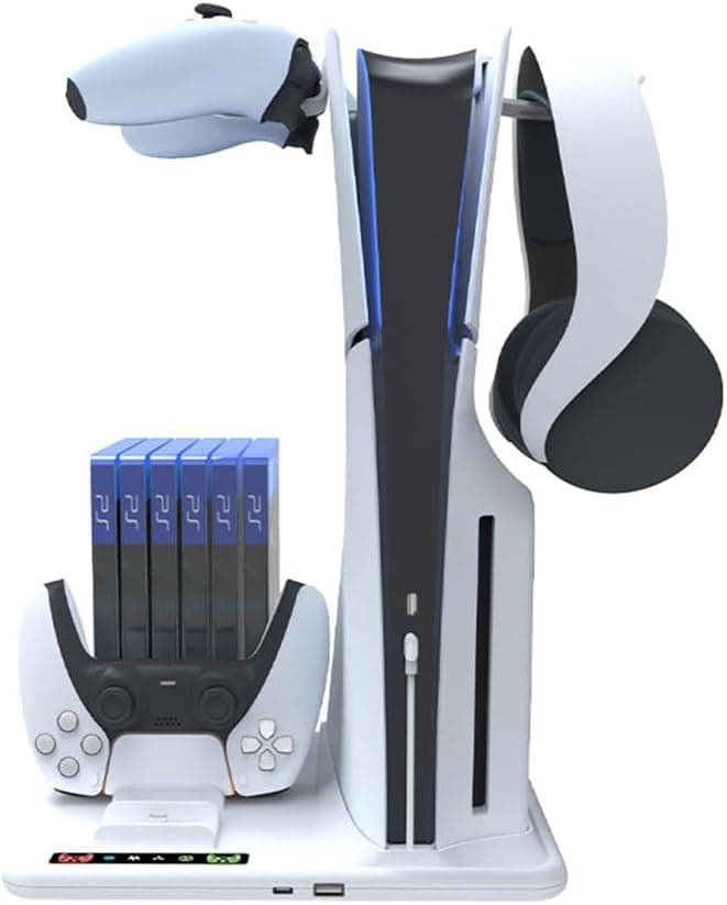 Soporte de refrigeración para PS5 Slim con estación de Carga de Controladores duales PS5, estación de enfriamiento para PS5 Slim Consola con Ranura para 6 Discos de Juego, con 2 colgadores –