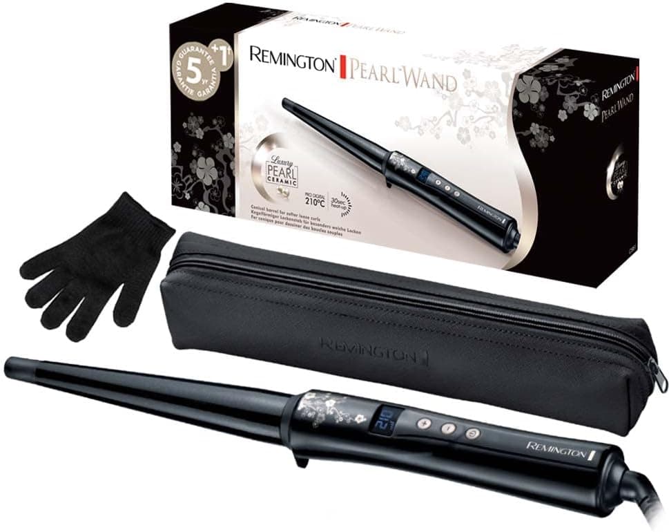 Remington Rizador Pelo Ondas cónico 13-25 mm Pearl revestimiento cerámico con perlas pantalla LCD 130-210 °C, guante resis... – Remington