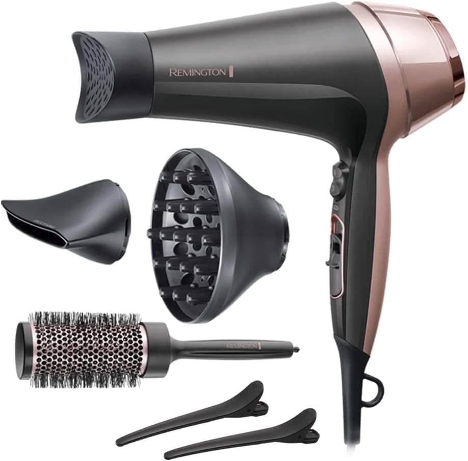 Remington Secador de Pelo Curl & Straight Confidence, 2 en 1 Alisa y Riza, Iónico, 2200 W, 2 Concentradores, 1 Difusor y Cepillo de Barril, 3 Temperaturas, 2 Velocidades, Color Negro Y Rosa, D5707 – Remington