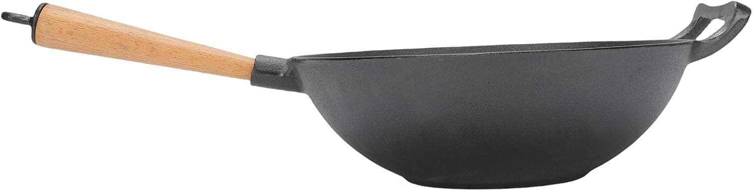 OPPWONG Sartén Wok, Sartén Wok de Hierro Fundido, Olla de Hierro Tradicional de Fondo Plano, Multifuncional con de Madera,... – OPPWONG