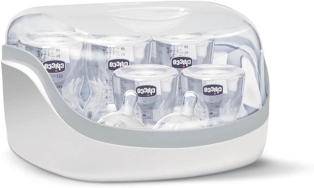 Chicco - Esterilizador para microondas de vapor, rápido y fácil de usar, hasta 6 Biberones, chupetes, tetinas y otros accesorios, color Gris – Chicco