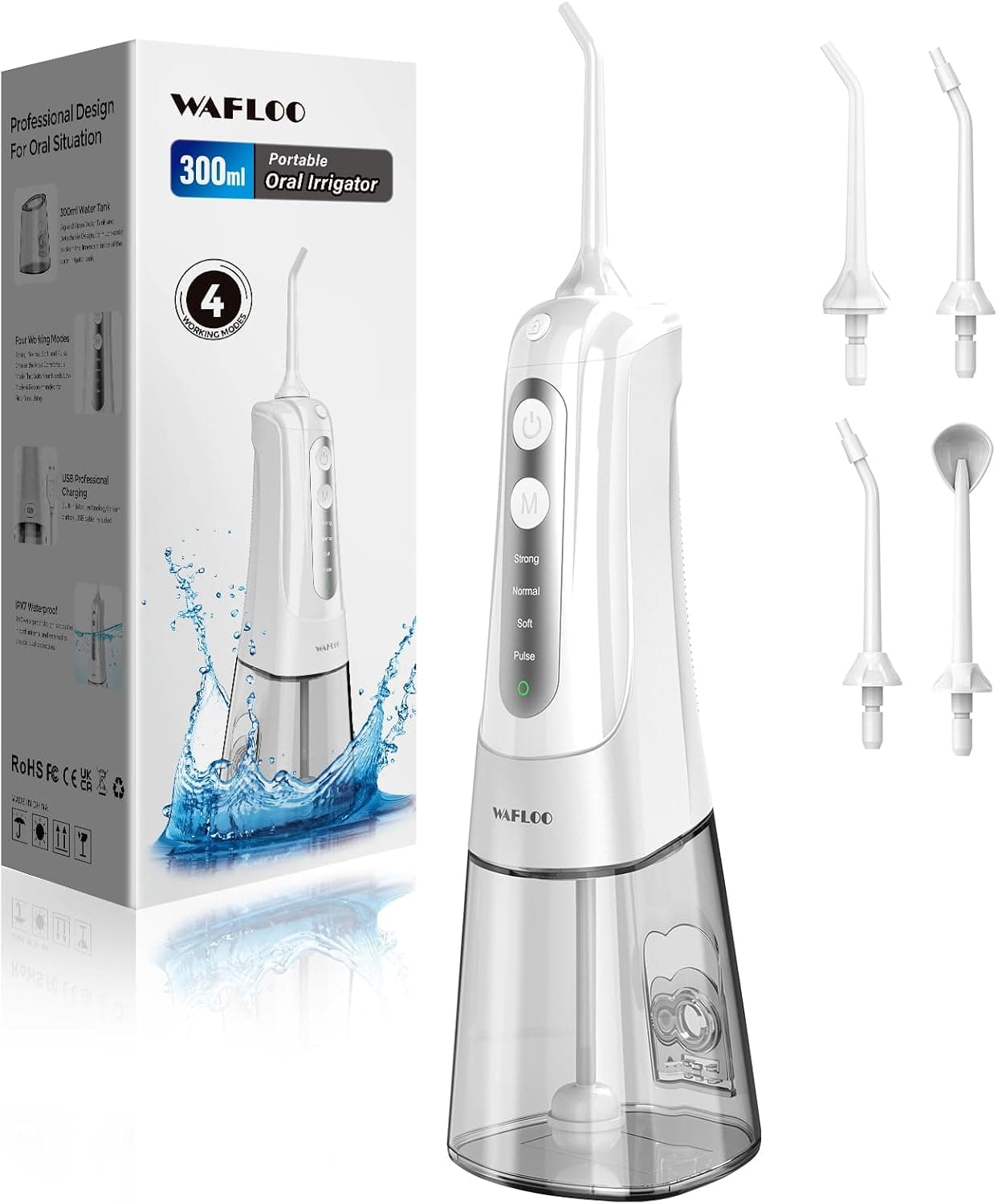 Irrigador Dental, Con 4 Boquillas, Depósito de Agua de 300ml, 4 Modos de Limpieza, IPX7 Impermeable, Irrigador Bucal Portá... – Irrigador