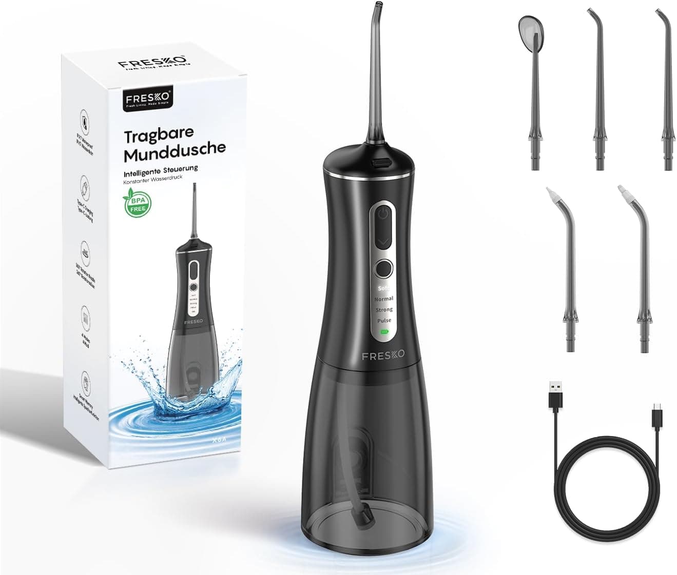 FRESKO Irrigador Dental Portatil, 300ML Irrigador Bucal con 4 Modos 45-105PSI, Batería 2600mAh, impermeable IPX7, 5 Boquil... – FRESKO