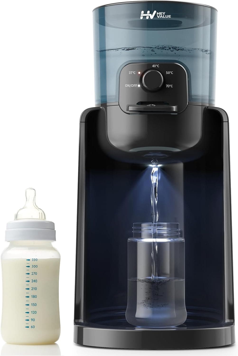 HEYVALUE Preparador de Biberones Instantáneo, Calentador de Agua para Leche de Fórmula, Listo en 25s 4 Temperaturas (37-70°C) Termostato 72H, Dispensador de Agua para Bebés sin BPA, Luz Nocturna Negro – HEYVALUE