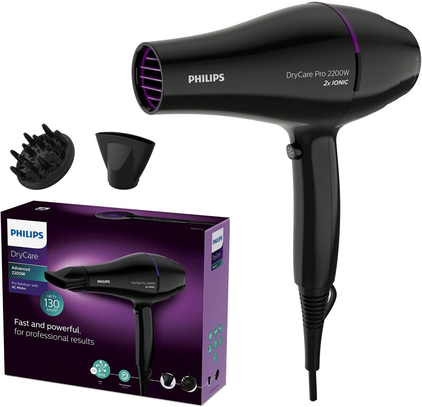 Philips Secador de Pelo, motor AC, cuidado iónico, boquilla 9 mm y 6 velocidades, temperatura ThermoProtect, 2200 W, BHD27... – Philips