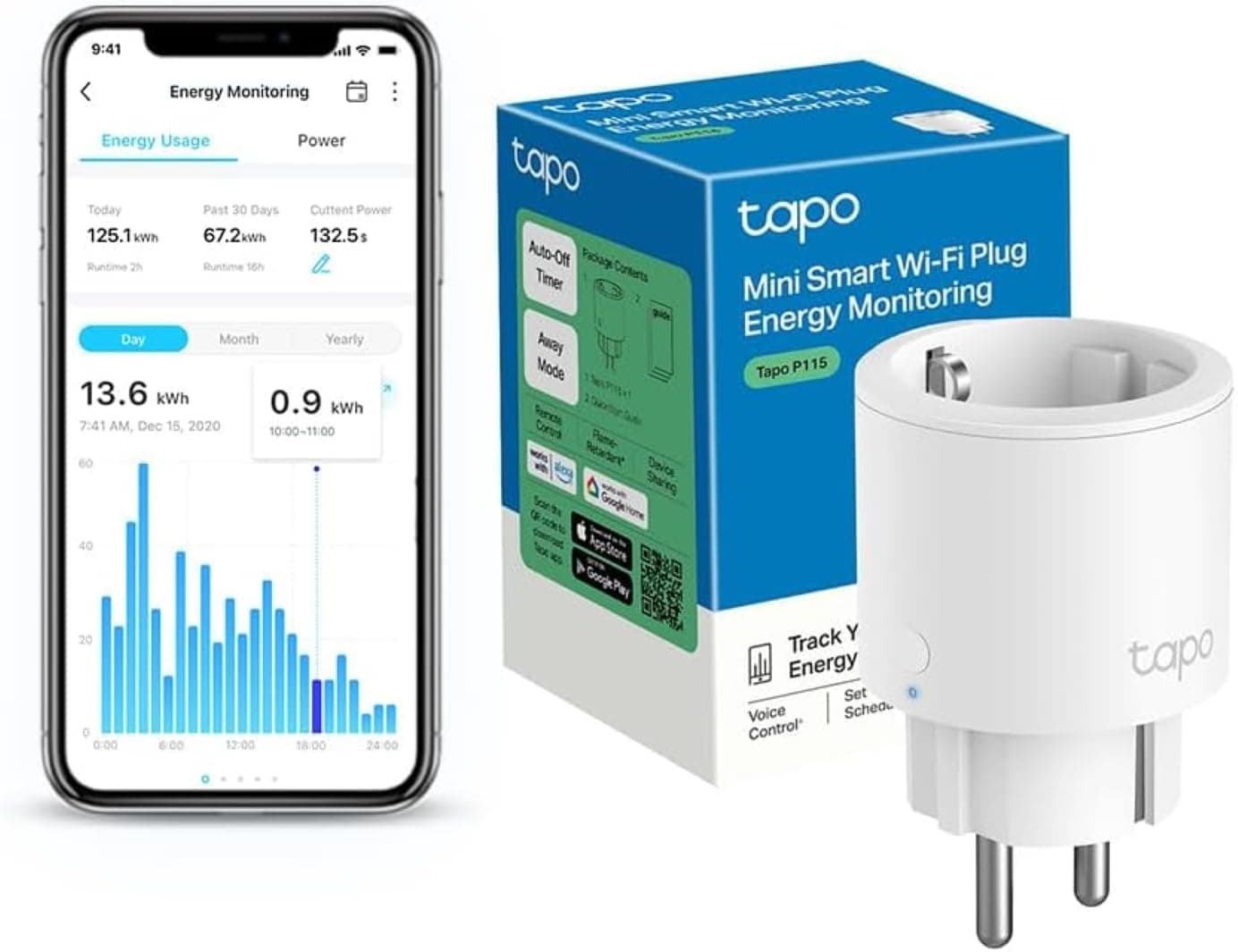 Tapo TP-Link P115 - Mini Enchufe Inteligente Wi-Fi con Monitoreo Energético, Programar el Encendido/Apagado, Ahorro Energía, Compatible con Alexa y Google Home, Color Blanco – Tapo