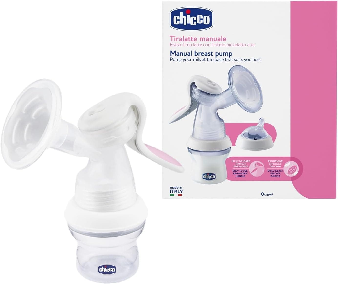 Chicco Sacaleches Manual Cómodo y Fácil de Usar con Forma Ergonómica, Tetina Inclinada y Tapa Hermética, Convertible en Bi... – Chicco
