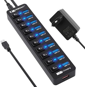Hub USB/Docking Hub VEMONT 11 Puertos USB Hub Alimentación externa – Hub