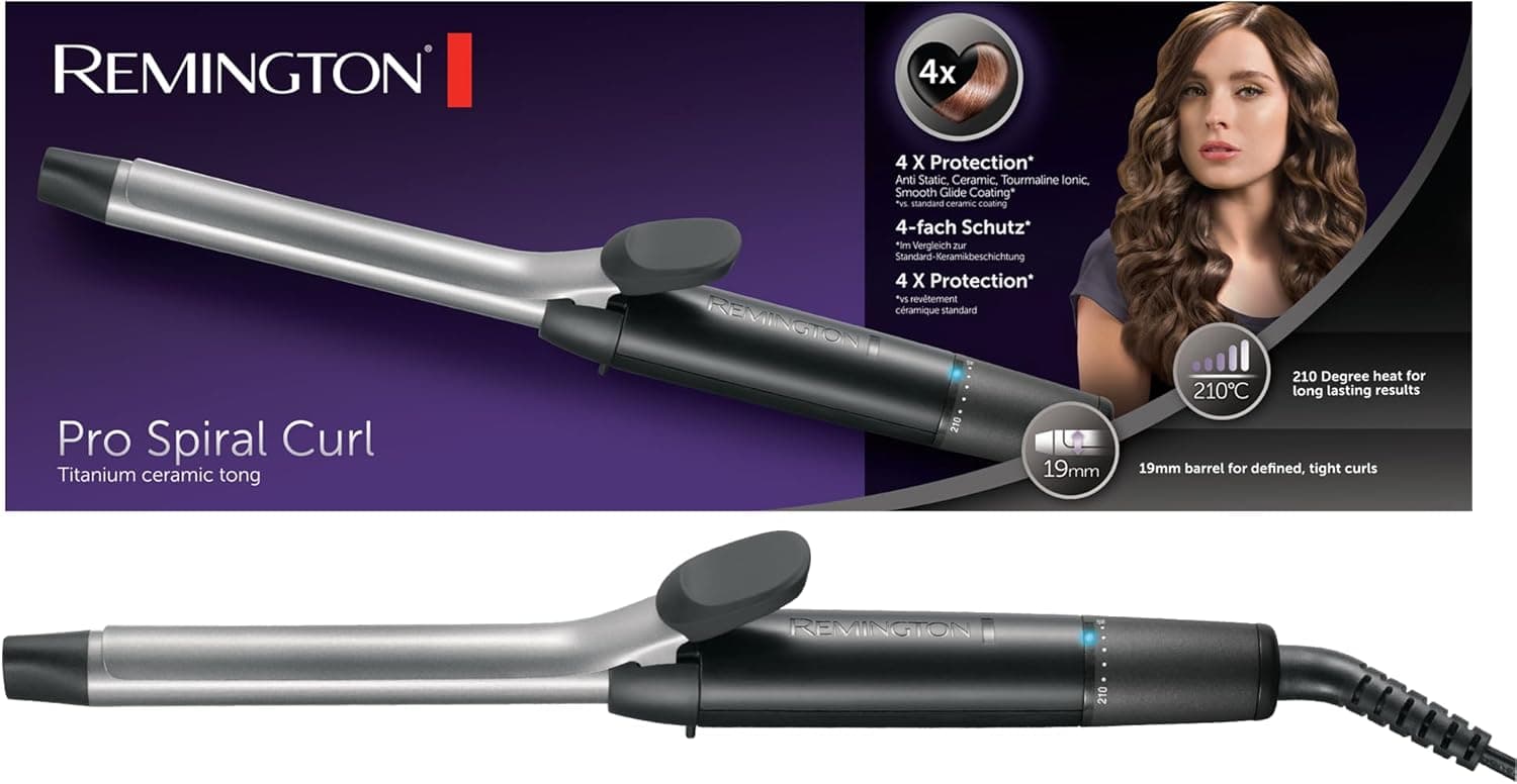 Remington Rizador de Pelo Pro Spiral Curl, Ondulador de Pelo con Pinza de 19 mm, Crea Rizos Definidos, Cerámica con Titani... – Remington