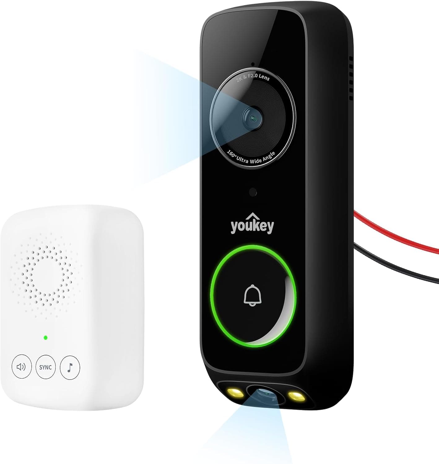 youkey Cámara de timbre con cable con timbre, sin tarifa mensual, timbre con cable 2K con video de pies a cabeza, detecció... – youkey