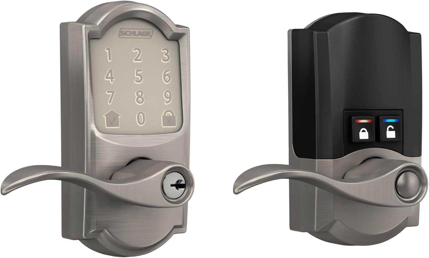 Schlage FE789WB CAM 619 Acc Encode WiFi Accent - Cerradura Inteligente Puerta Exterior con Palanca Acc, Entrada Sin Llave, Pantalla Táctil, Moldura Camelot, Níquel Satinado – Schlage