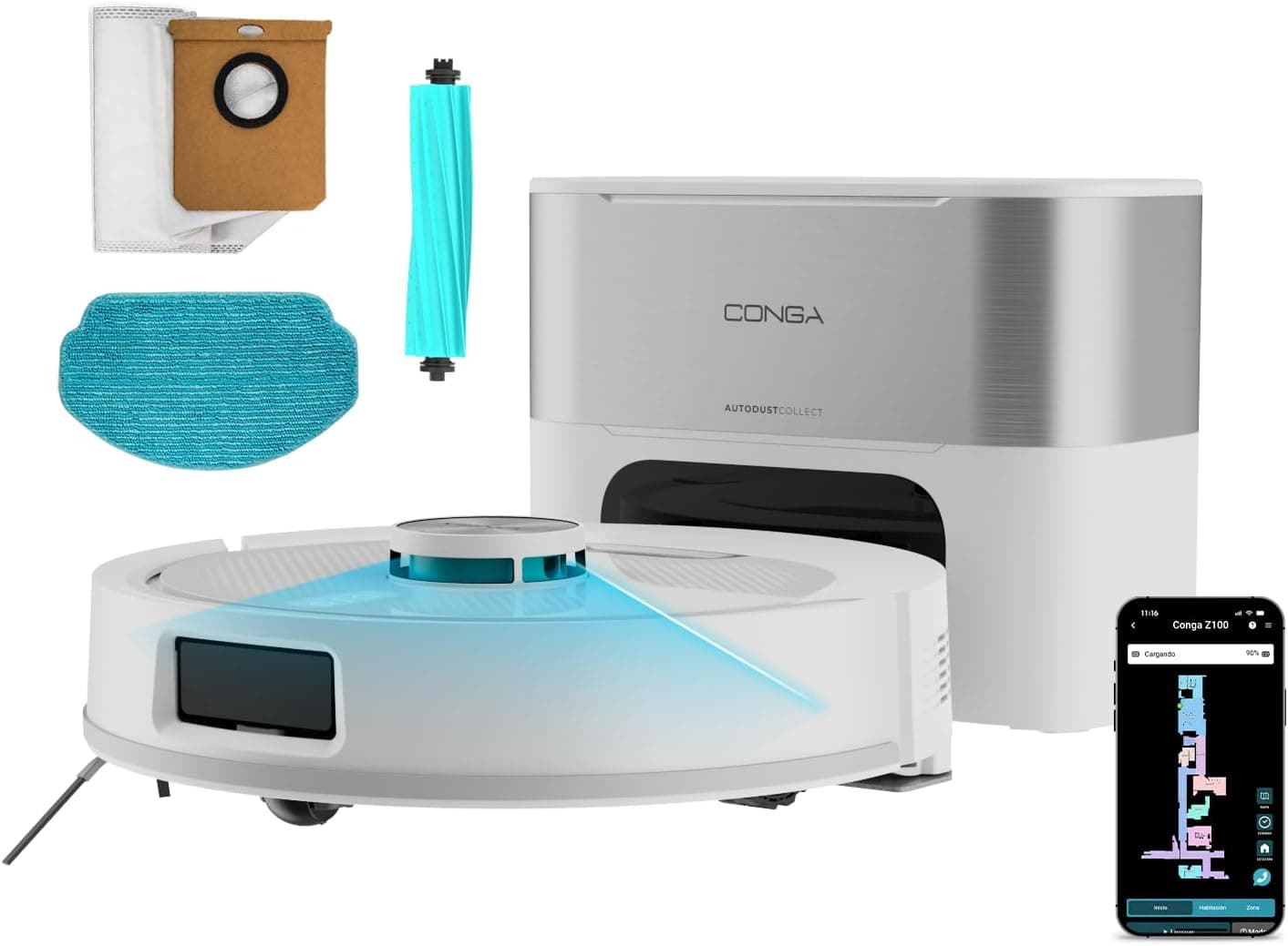 Cecotec Robot Aspirador - Base Autovaciado 3L - IA y Navegación Láser - 25000Pa - Conga Y90 Pearl. Autonomía 240mins en Modo – Cecotec