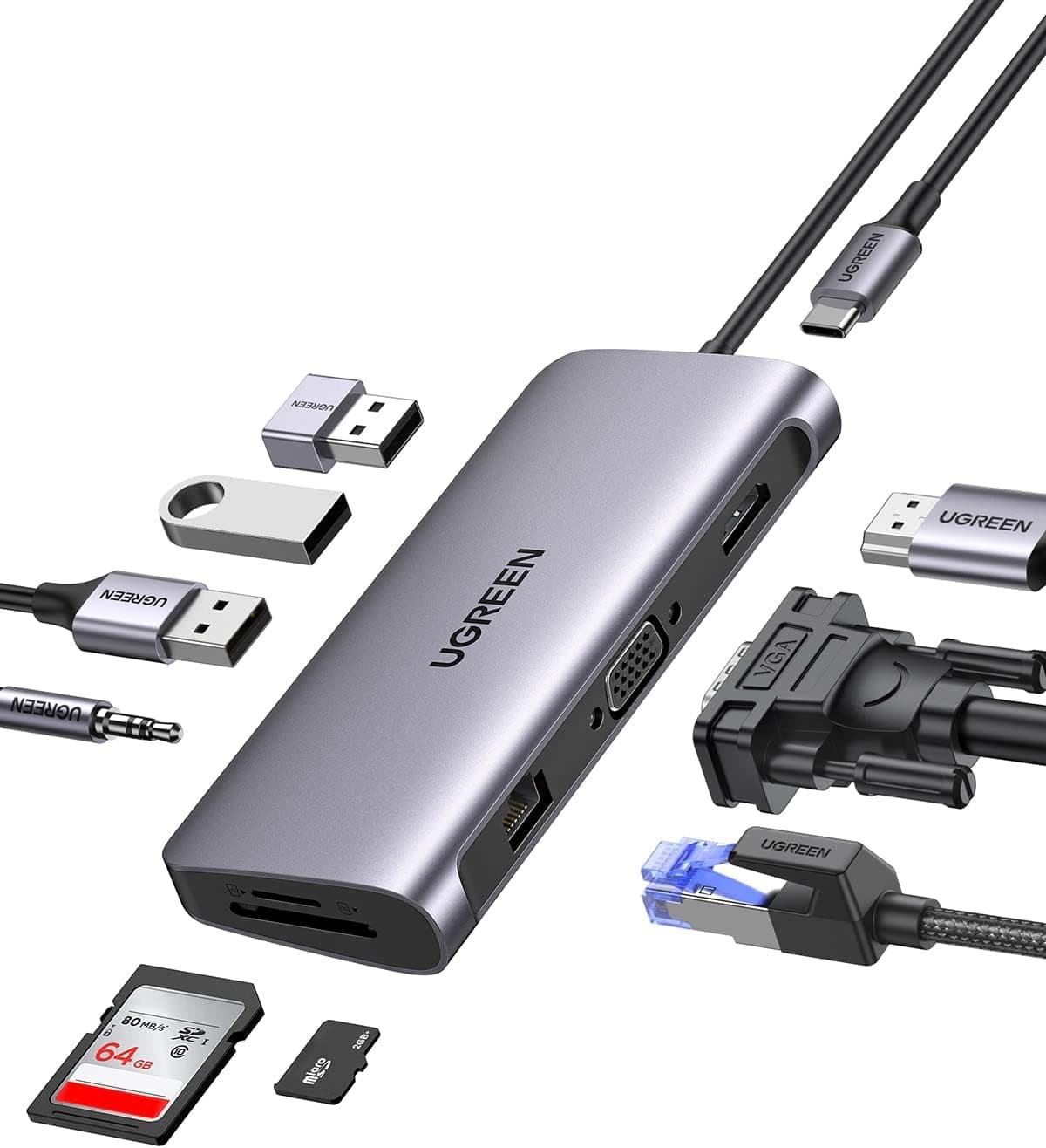 UGREEN Revodok USB C Docking Station Dual Display 10 IN 1 USB C Hub con HDMI, VGA, 3 x USB 3.0, PD 100W, Gigabit Ethernet,... – UGREEN