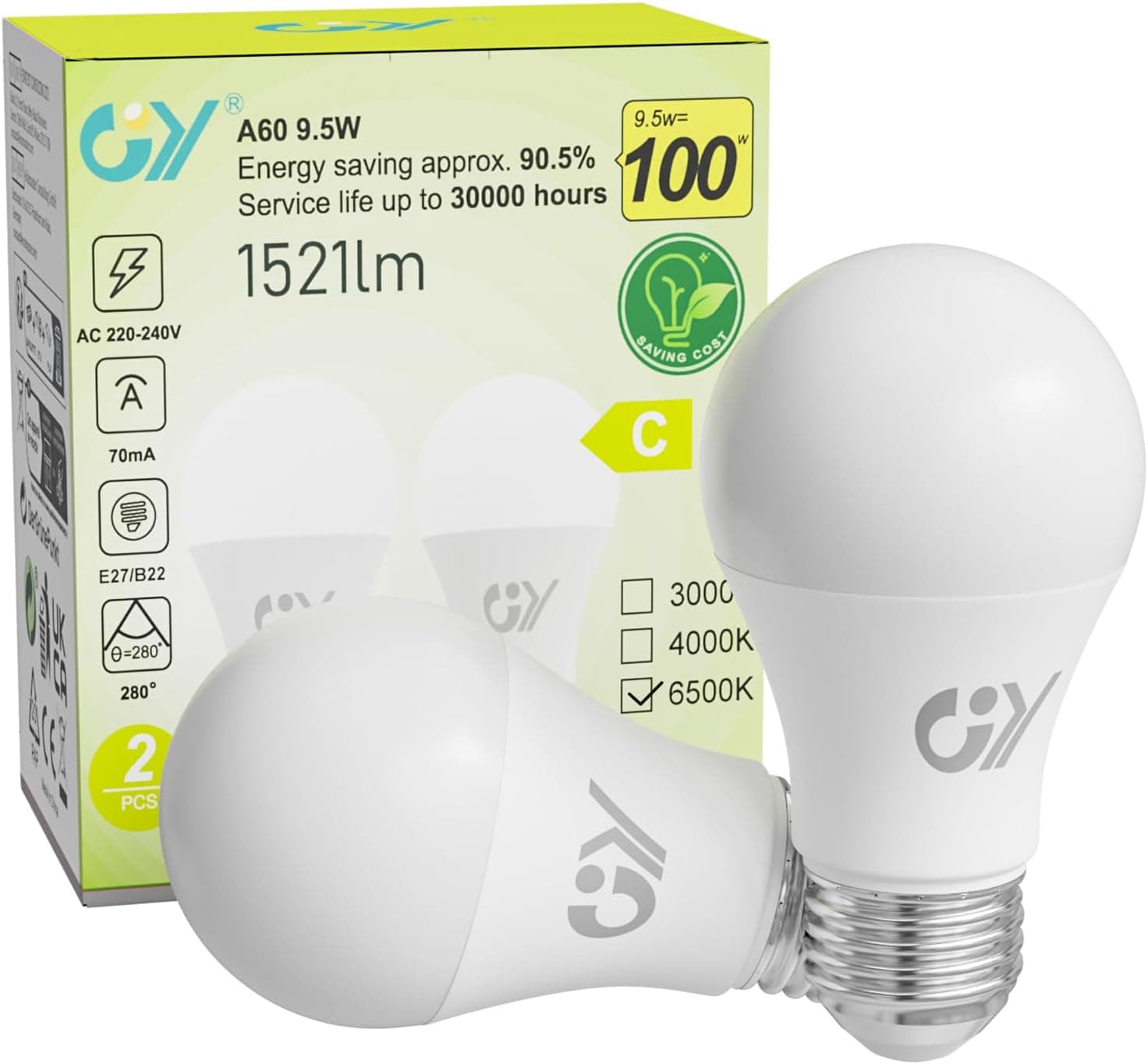 GY Bombillas Led E27 Luz Fría 6500K - 9,5W Equivalente a 100W - 1521 Lúmenes, No Regulable - A60 Bombilla Led Esférica Caja de 2 Unidad – GY