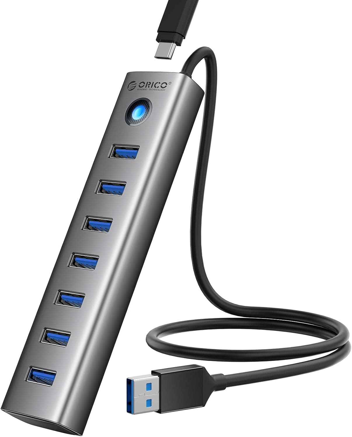 ORICO Hub USB 3.0, Hub USB 5Gbps de Aluminio 7 Puertos, Cable Largo 50 CM con Puerto de Alimentación 5V/3A Type-C, Adaptad... – ORICO