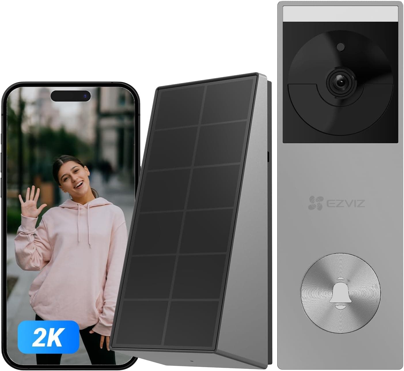 EZVIZ Timbre Inalámbrico con Cámara de Panel Solar,2K Video Doorbell Exterior Impermeable,Detección de Personas,Visión Nocturna en Color, Audio Bidireccional,8GB eMMC Incorporado,CP3 Pro – EZVIZ