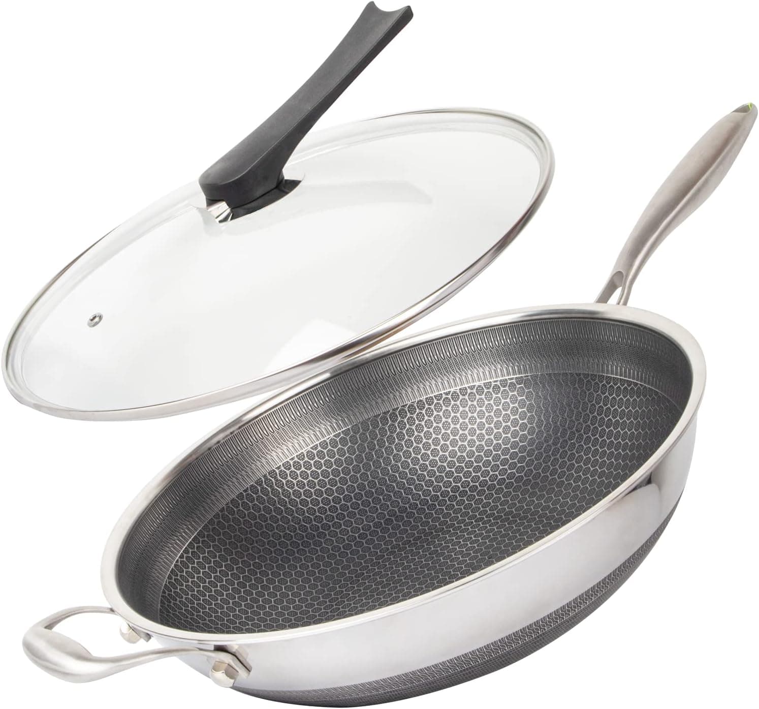 CATHYLIN Wok wok antiadherente de acero inoxidable de 14 pulgadas con tapa, sartén con mango que se mantiene fresco, libre... – CATHYLIN