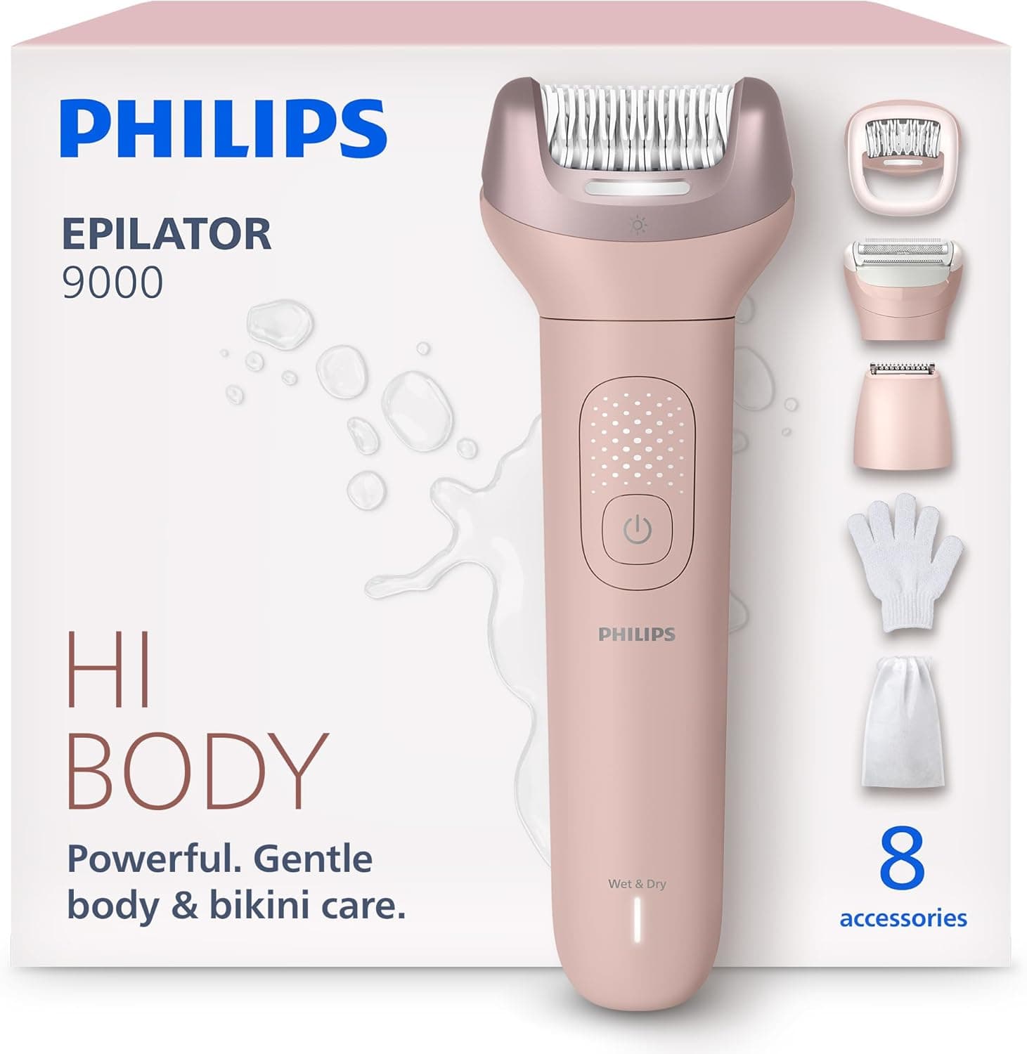 Philips Depiladora Serie 9000 - Depiladora eléctrica inalámbrica en seco y húmedo para piernas, cuerpo y bikini, con ProGuide, 8 accesorios, 60 min de tiempo de funcionamiento, modelo BRE717/00 – Philips