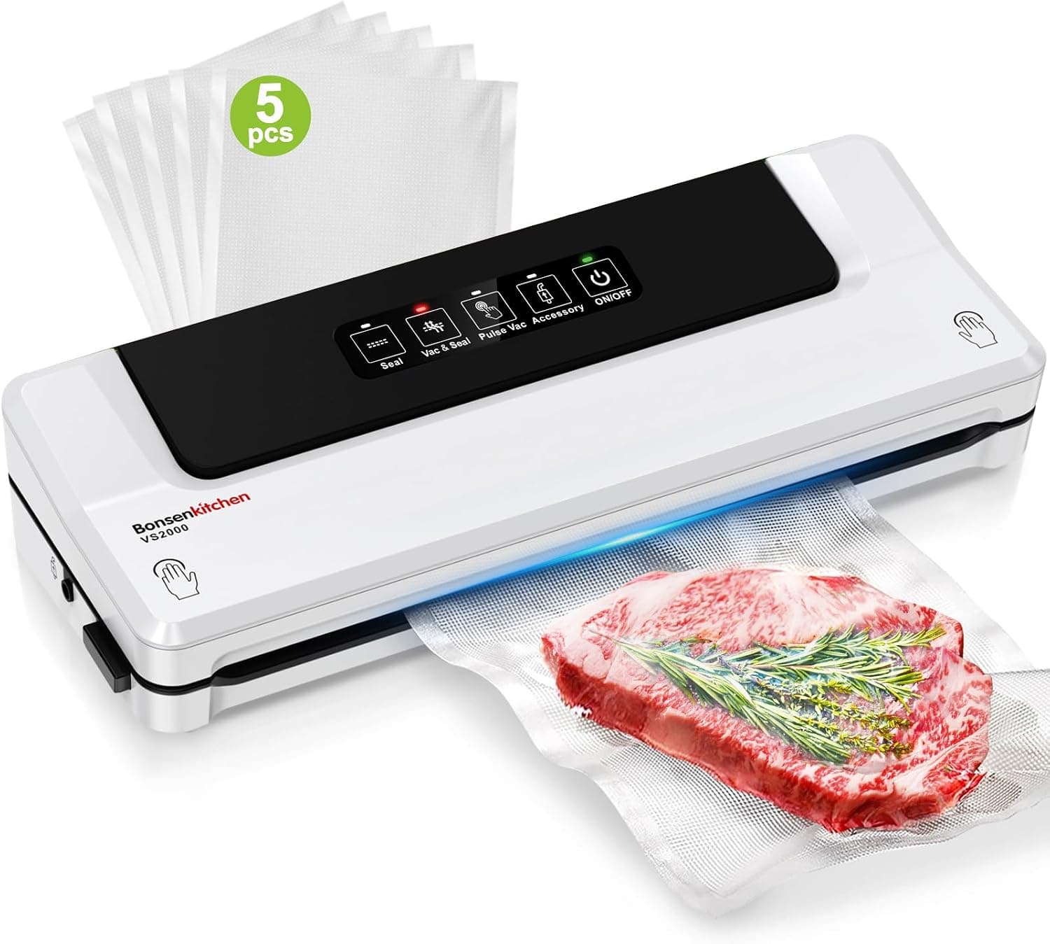 Bonsenkitchen Envasadora al Vacío 4 en 1 para Uso Doméstico y Comercial, Maquina al Vacio de Alimentos, Incluyendo 5 Bolsas (Blanco) – Bonsenkitchen