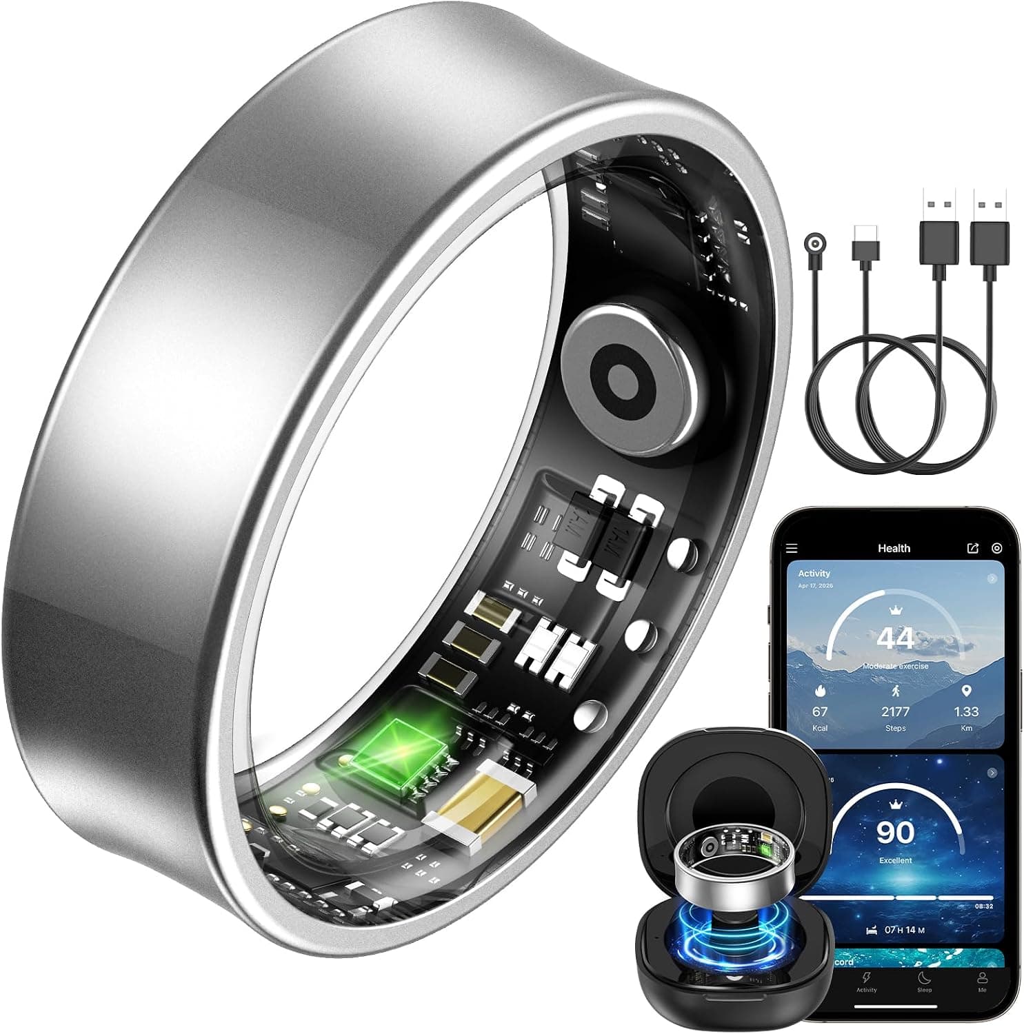 BANLVS Anillo Inteligente Hombre Mujer, Fitness Ring con Pulsometro HRV, SpO2 Sueño Temp Estrés, 176 Deportes, IP68 Smart Ring Reloj Inteligente App sin Suscripción (Plata, 62.8mm(10)) – Ring