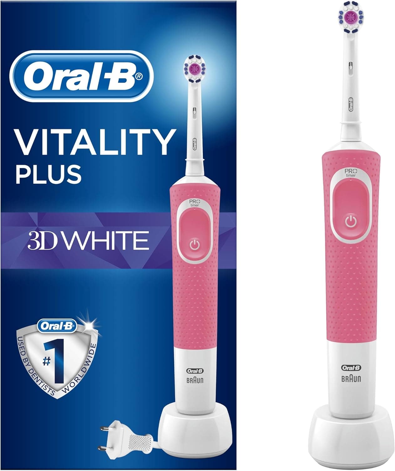 Oral-B Cepillo de dientes eléctrico Vitality Plus, 1 mango, 2 cabezales de cepillo de dientes blancos 3D, 1 modo con limpi... – OralB