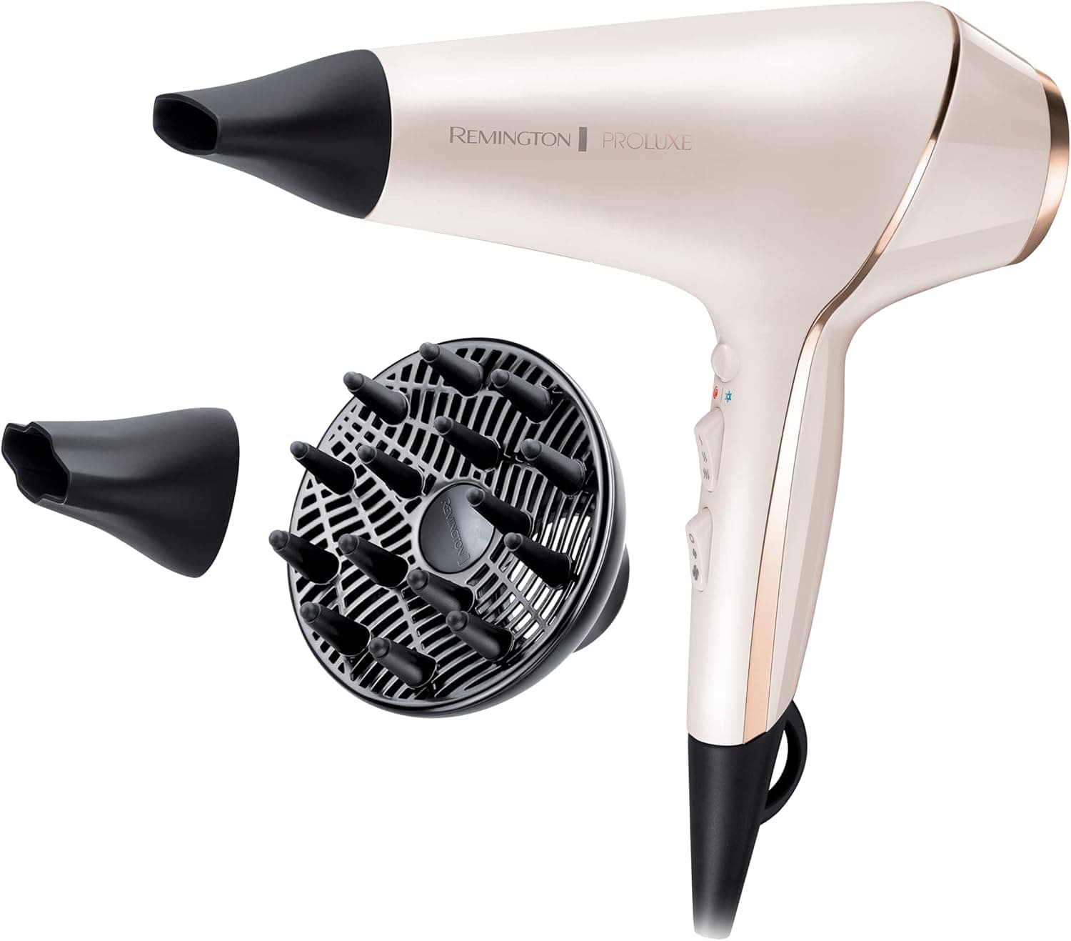 Remington Secador de Pelo Profesional PROluxe - Tecnología OPTIHeat, Iónico, Peinados Duraderos y Sin Encrespamiento, 2400 W, Motor AC, Difusor y Concentrador, 3 Temperaturas, 2 Velocidades - AC9140 – Remington
