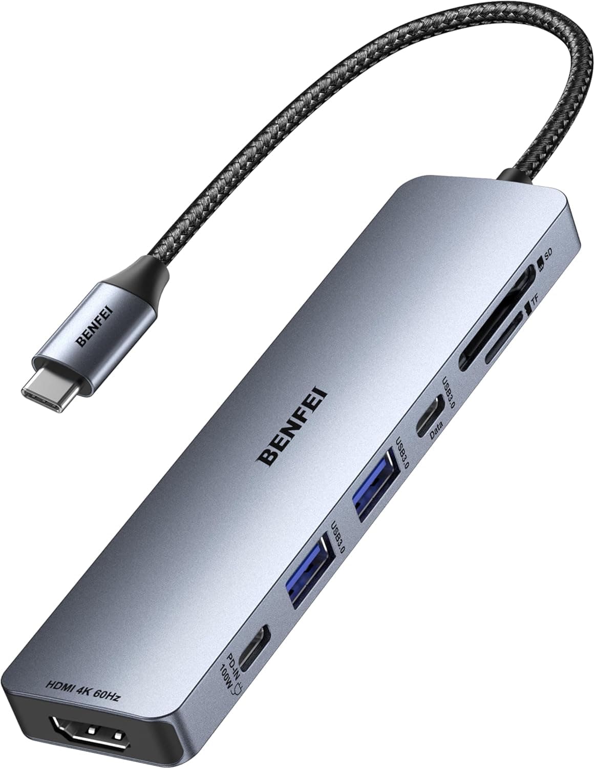 BENFEI HUB USB C 7 en 1 con HDMI (4K@60Hz), 2*USB-A, 1*USB-C de Datos, Carga 100W, Lector de Tarjetas SD/TF, Cable de Silicona antienredos Compatible con MacBook Pro/Air, iPad Pro, iMac, iPhone 16/15 – BENFEI