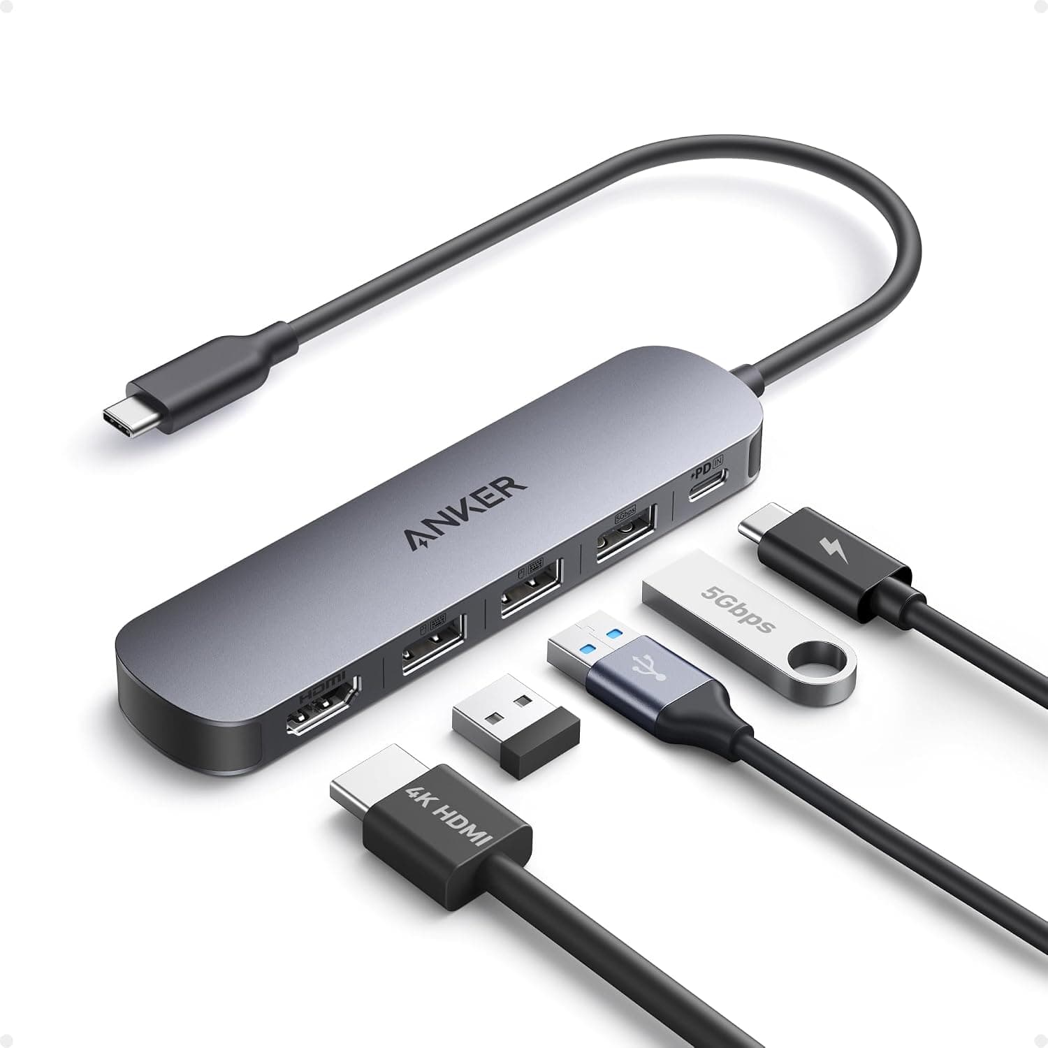 Anker Hub USB C (5 en 1), HDMI 4K@30Hz con Entrega de Potencia máxima de 100 W, Puertos de Datos USB-C y USB-A a 5 Gbps, Compacto y Elegante para portátiles MacBook, Lenovo, DELL XPS, HP y más – Anker
