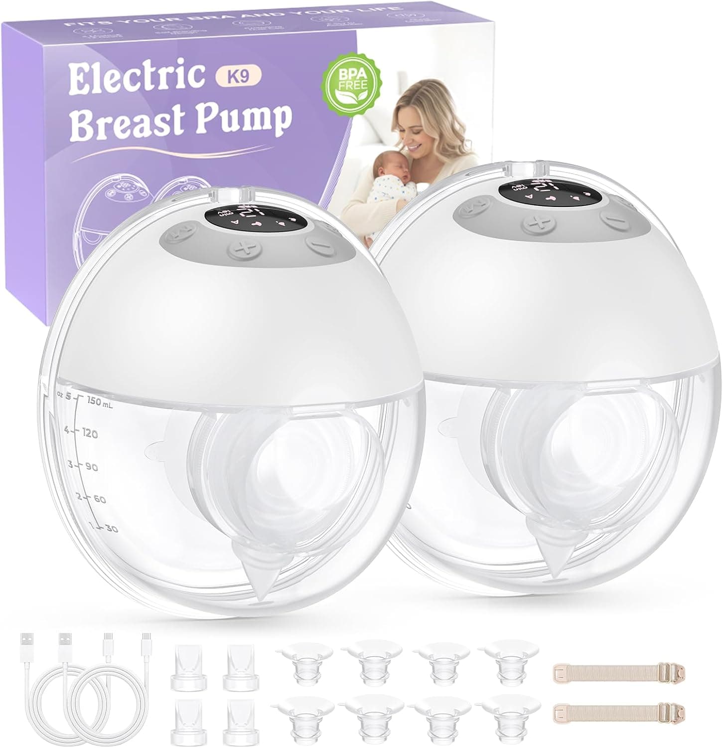 Haokoo Sacaleches Electricos Manos Libres Portátil, Extractor de Leche Materna Eficiente con Sellado Seguro Antifuga, Bridas 17/19/21/24/27mm, Sin BPA, Fácil de Usar, 4 Modos 12 Niveles, 2 Piezas – Haokoo